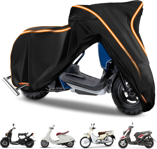420D Motorcycle Cover for Vespa Scooters,Honda Super Cub,Yamaha Zuma 125,Honda Ruckus Outdoor Bike Cover Windproof Heavy Duty Waterproof Protection Fits up to Motorcycles with Side Boxes