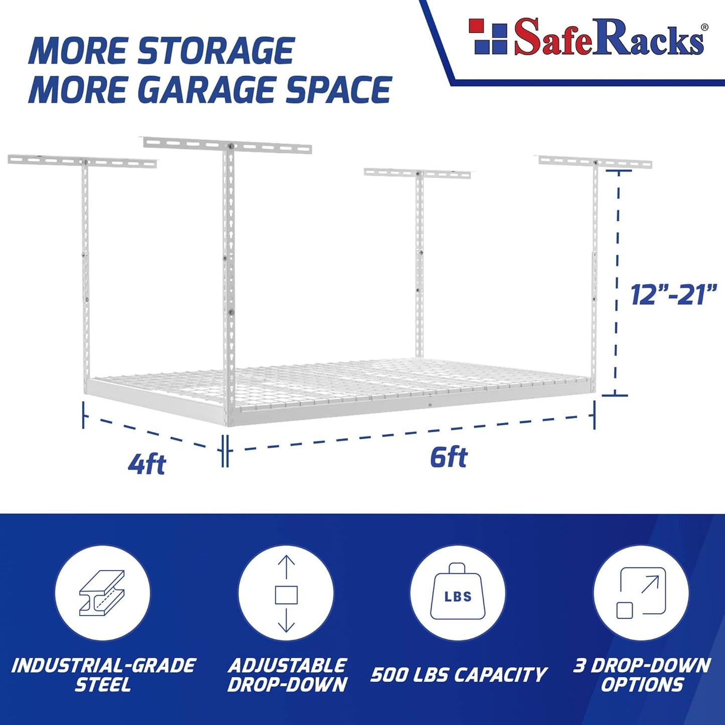SafeRacks 4x6 Overhead Garage Storage Rack - Height Adjustable Steel Overhead Storage Rack - 500 Pound Weight Capacity (White, 12"-21")