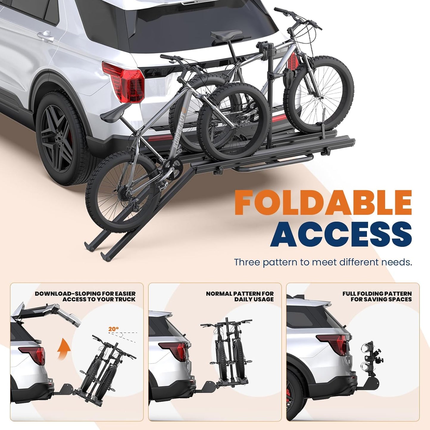 Aluminum 2 EBikes Rack Foldable 2'' Hitch Mounted Carrier Racks w/Ramps Over 200lbs Capacity for 5 inch Fat Tire Heavy Duty Universal E-Bike Racks for SUVs Cars Trucks RV 2-Inch Receiver