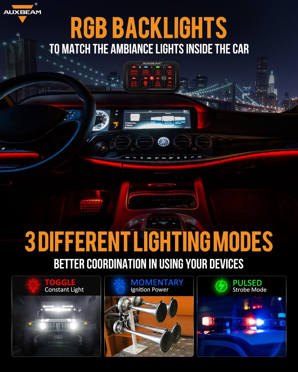 Auxbeam 8 Gang Switch Panel RA80 Toggle Momentary Pulsed RGB Dimmable Multifunction Switch Panel Easy Installation Marine Switch Pod IP65 Waterproof for Car Boat RV, 2 Years Warranty