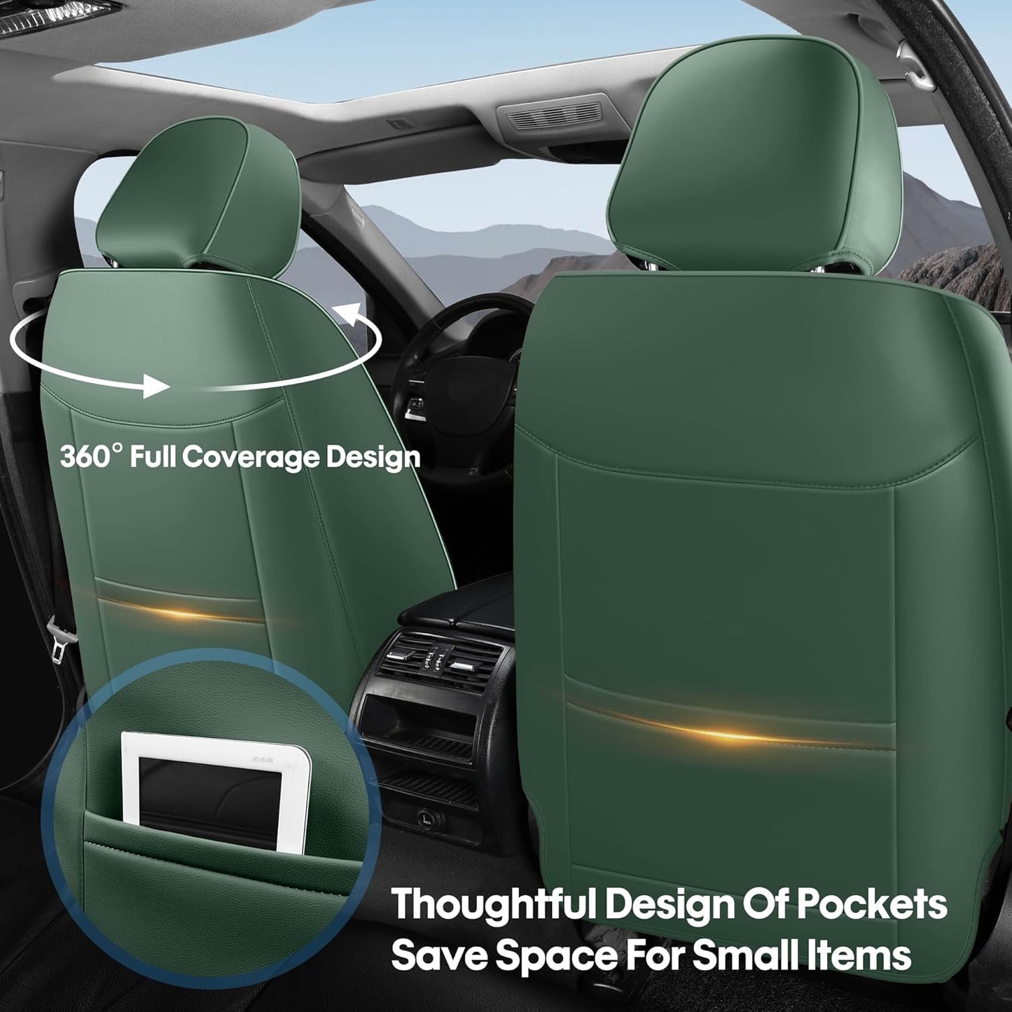 AOOG Front Seat Covers, Car Seat Covers Front Seats, Leather Seat Covers for Cars, Waterproof Seat Covers with Lumbar Support Universal Fit for Most Cars SUV Trucks(Front Pair, Green&Black)