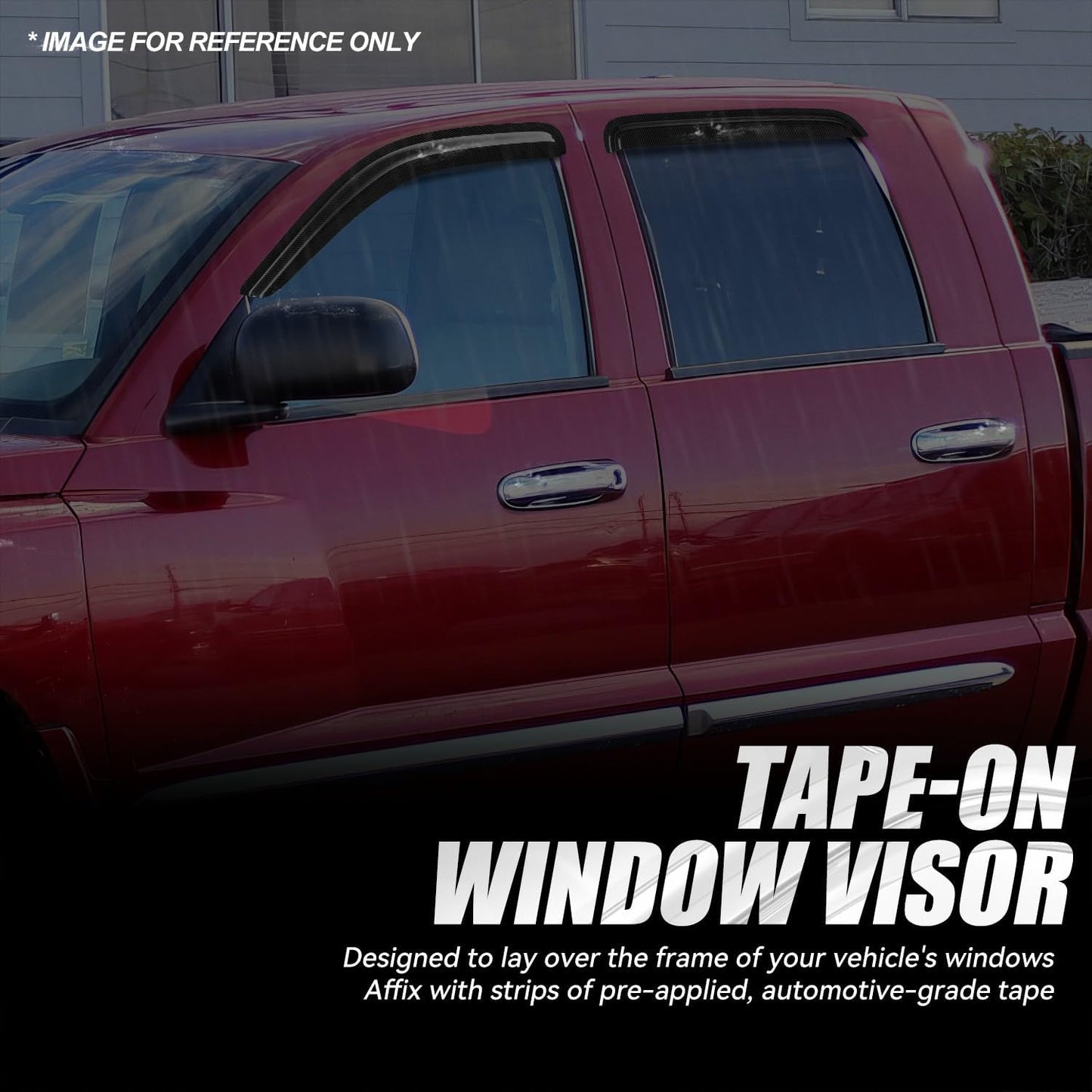 Auto Dynasty 4Pcs Carbon Fiber Pattern Window Visors Compatible with 2005-2010 Dodge Dakota Crew Cab, Tape-On Front & Rear Window Deflectors Rain Guards Sun Wind Air Side Vent Shade, Glossy Black
