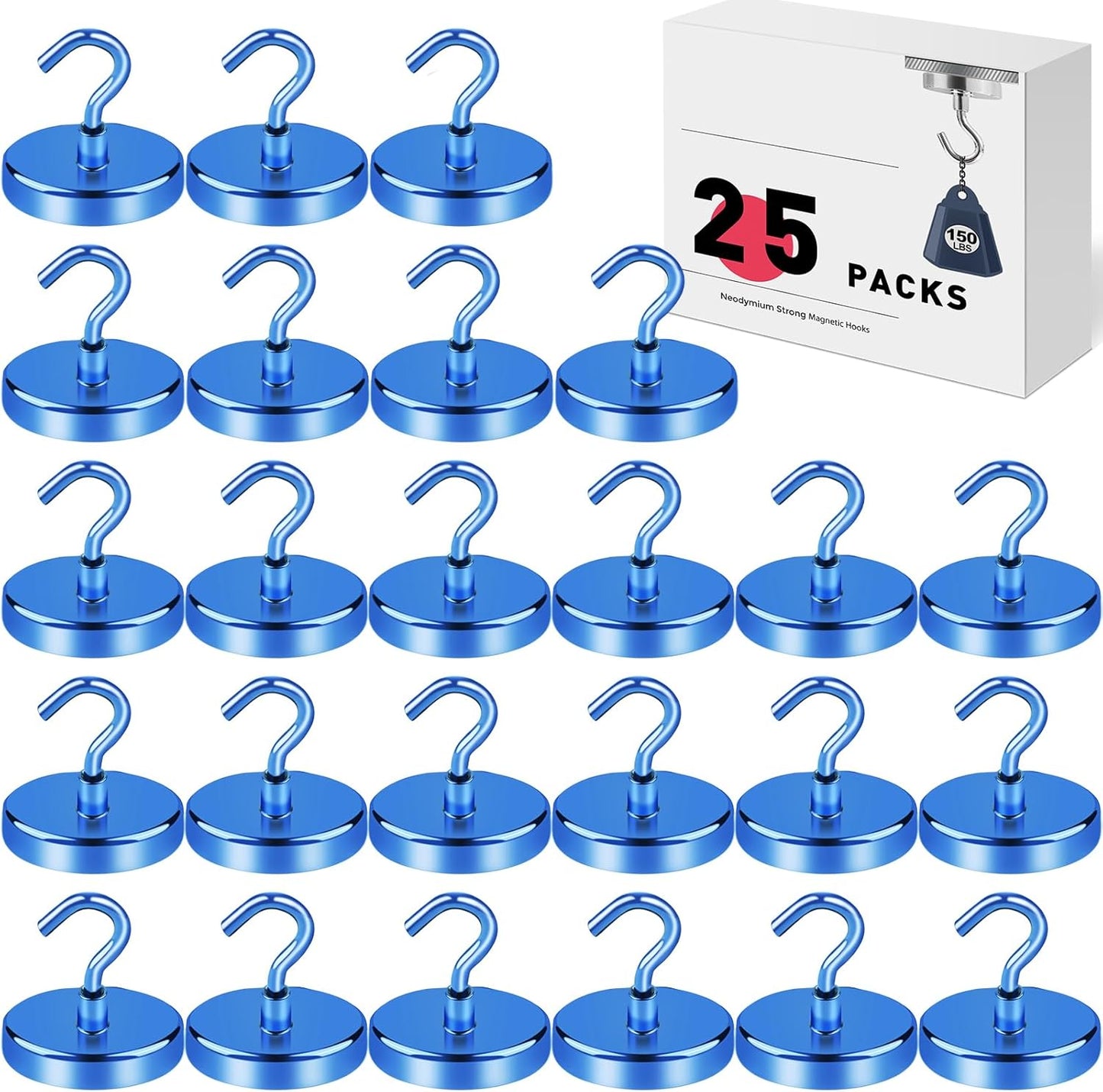 LOVIMAG Magnetic Hooks for Cruise Cabins, 150lbs Blue Magnetic Hooks for Classroom, Strong Magnets with Hooks for Hanging, Neodymium Magnet Hooks for Fridge, Ceiling, Locker, Camper, Travel-25 Pcs