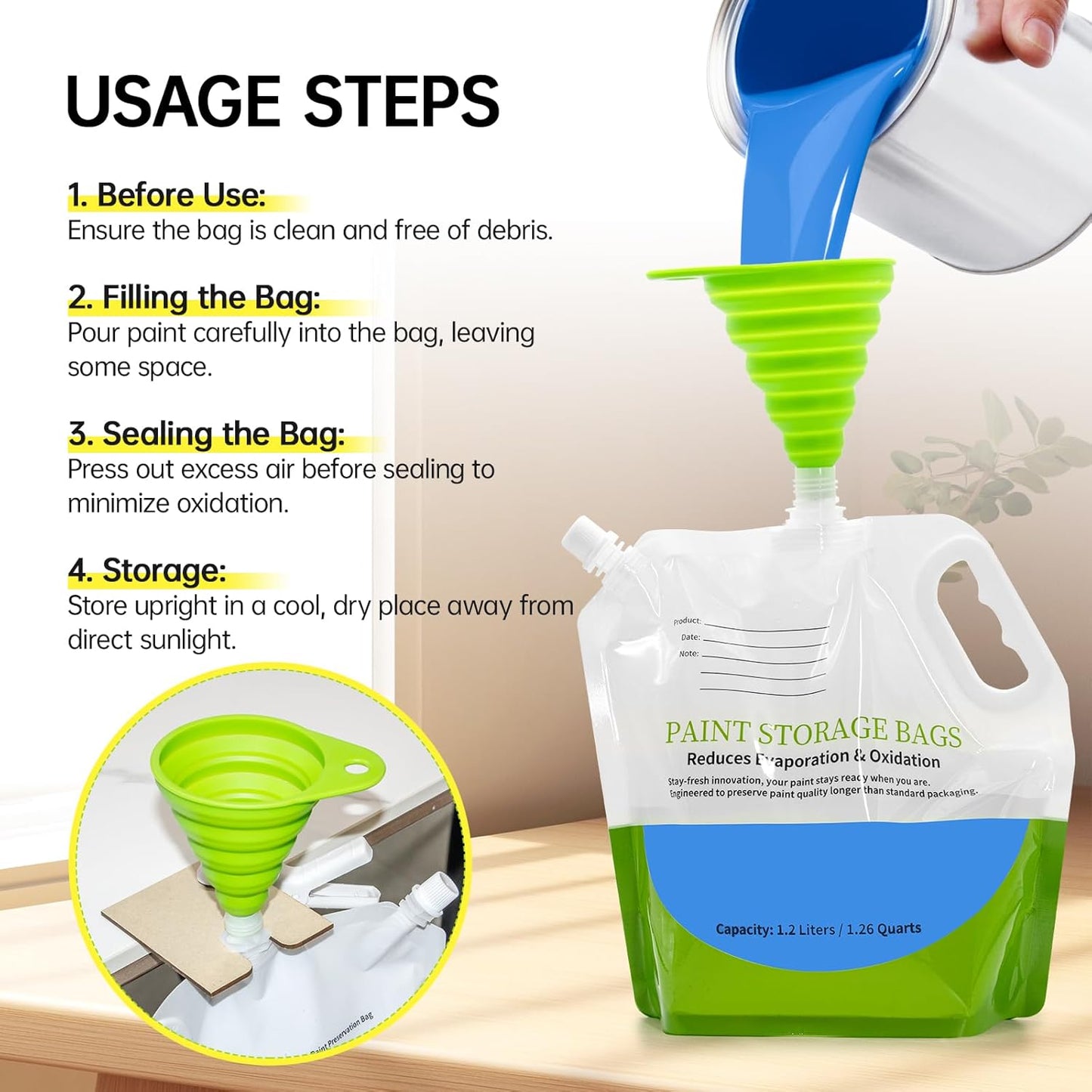 4 Pcs Paint Storage Pack Bags, 1.2L Reusable Paint Saver Bags with Funnel for Leftover Water Based Paint, Airtight Pouches for Easy Mixing & Dispensing for Home DIY Professional Painters