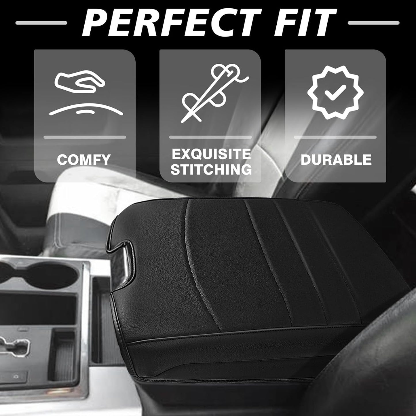 Muslogy Center Console Armrest Cover Compatible with Dodge Ram1500/2500/3500 2013-2018 Comfort Armrest Pad Arm Rest Cushion Vegan Leather Protector Regular Thick(Bucket Seat ONLY)