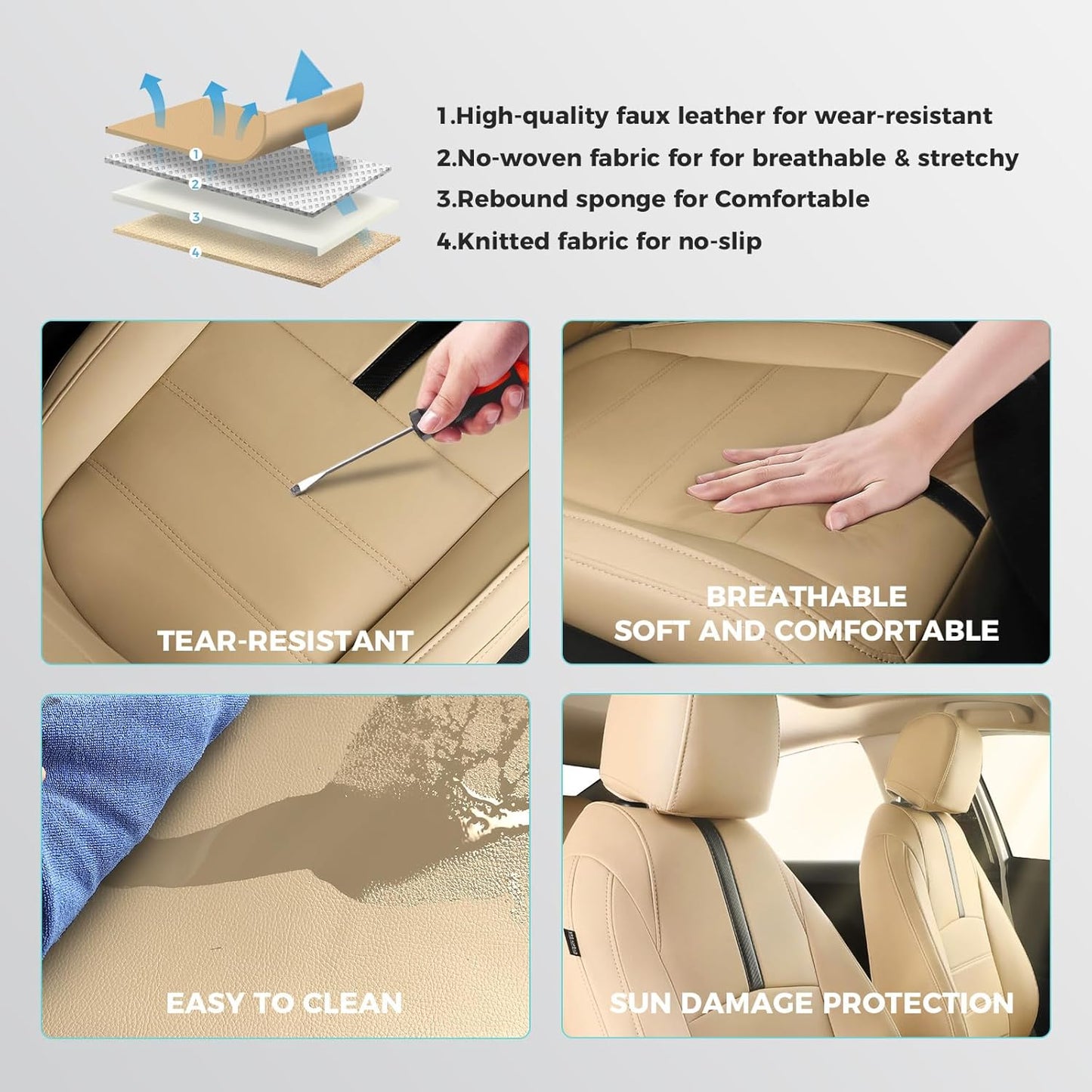 Seat Covers for Honda Civic Sedan 4DR Sedan LX 2022 2023 2024 2025, Leather Car Seats Cover Full Set,(Rear Row Solid Folding Backrest)-Beige