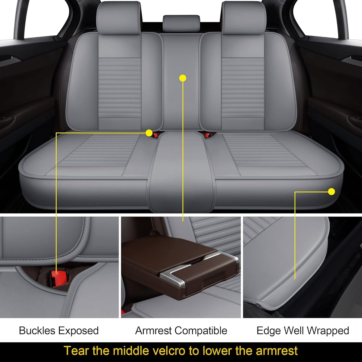 LINGVIDO Car Seat Covers, Breathable and Waterproof Faux Leather Automotive Seat Covers for Cars SUV Pick-up Truck Sedan,Universal Anti-Slip Driver Seat Cover with Backrest (Rear Seat, Gray)