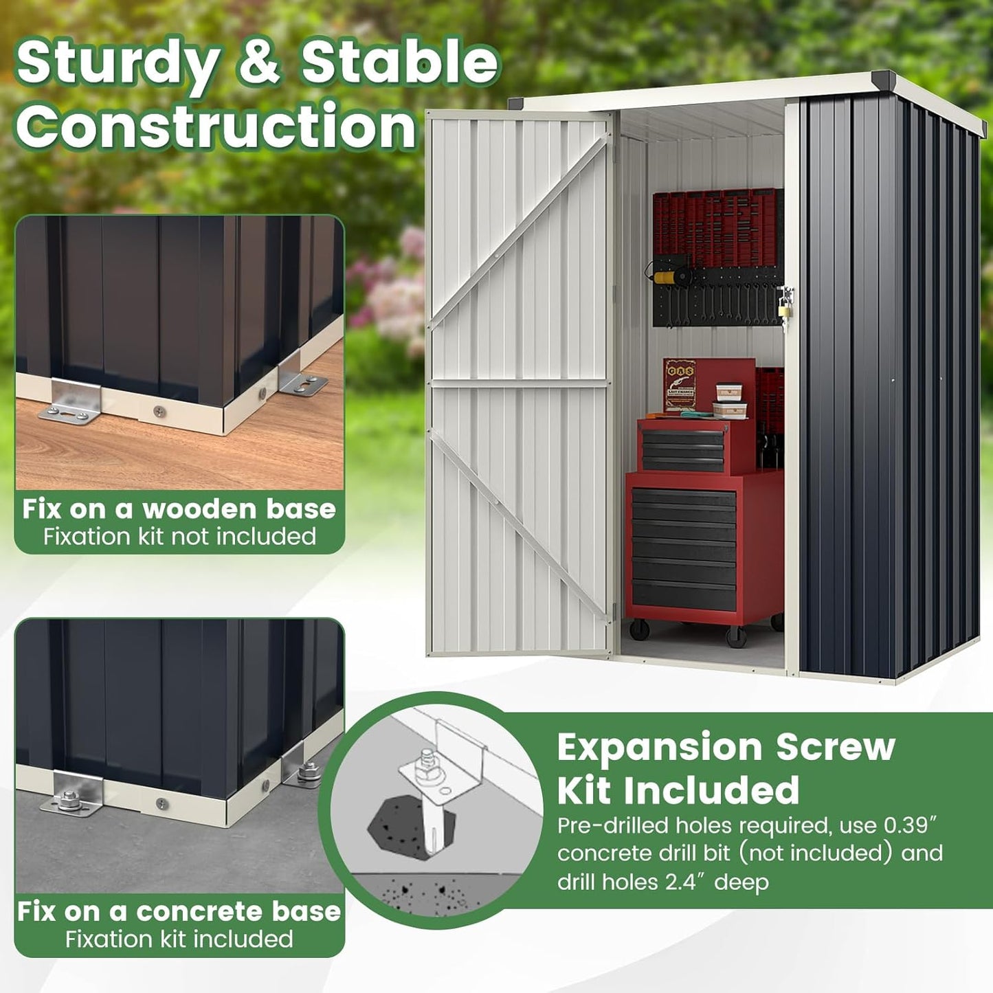 Goplus 3.8 x 2.8 FT Storage Shed Outdoor, All-Weather Steel Utility Storage House w/Lockable Door, Snap-on Arrow Leaning Organizer, Bike Tool Garden Sheds for Yard Lawn Patio