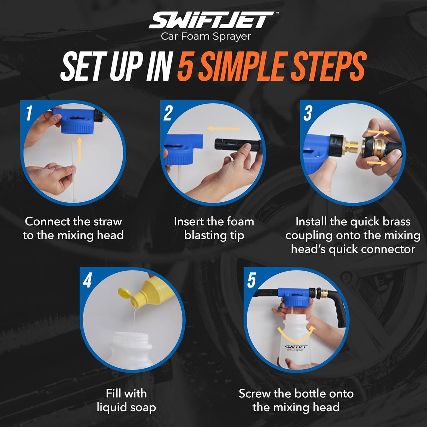 SwiftJet Car Wash Foam Gun + Microfiber Wash Mitt - Car Foam Sprayer - Car Wash Kit - Foam Cannon Garden Hose Sprayer - Car Accessories for Men - Snow Foam Blaster (Blue Foam Gun with Mitt)