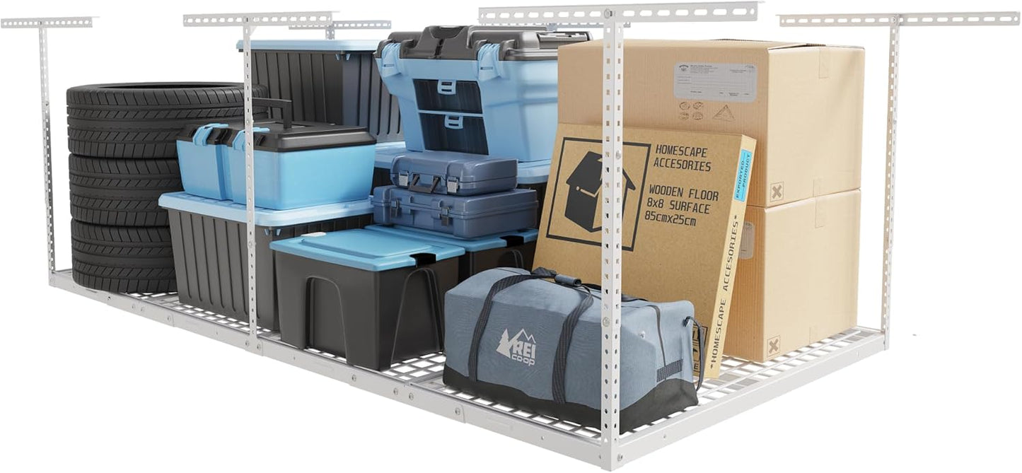 FLEXIMOUNTS 4x8 Overhead Garage Storage Rack, Adjustable Organization System, Heavy-Duty Metal Ceiling Racks, 600lbs Weight Capacity, White