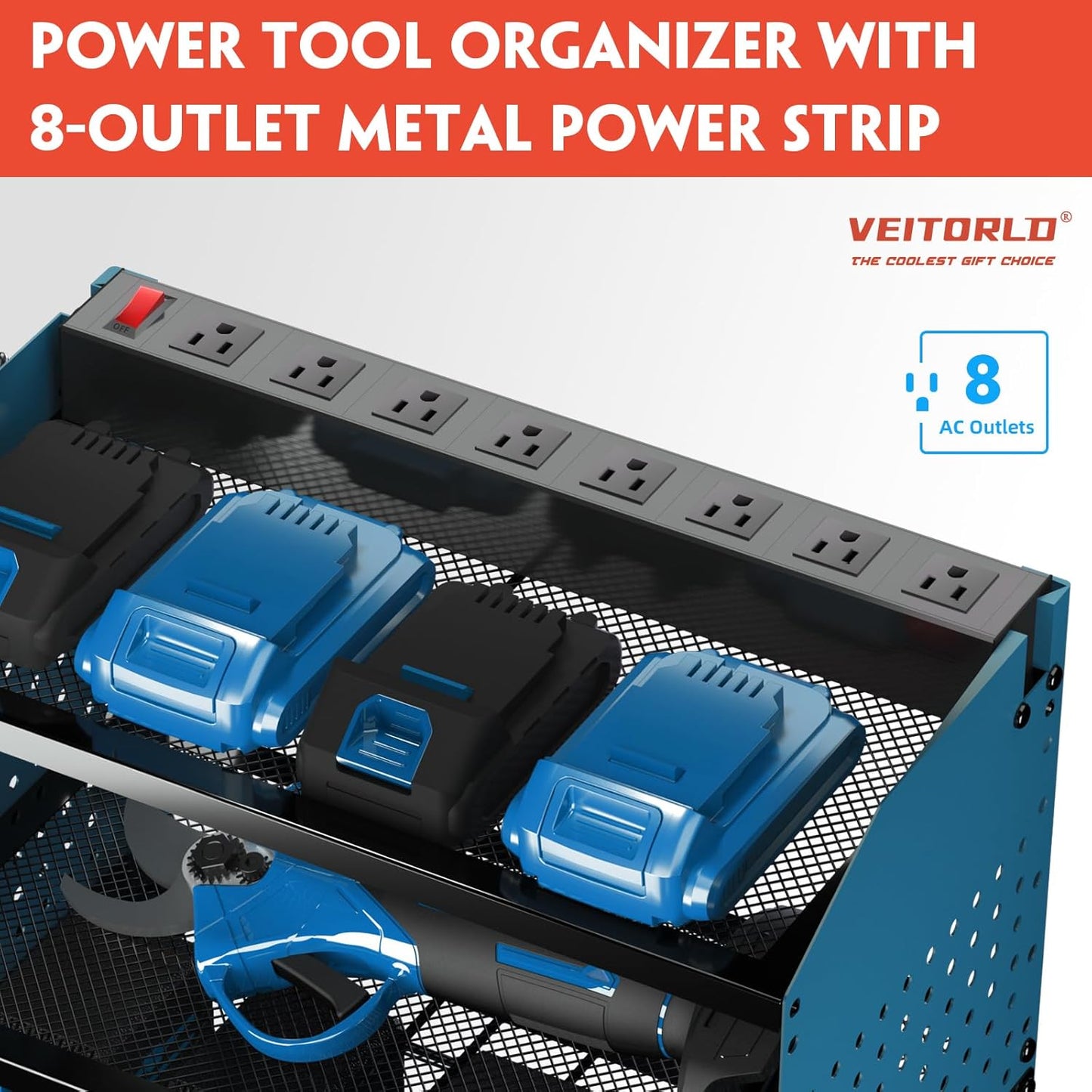 Veitorld Power Tool Organizer with Power Strip, 4 Drill Holders Tool Storage, Heavy Duty Rack for Garage Organization, Wall Mount Tool Organizer, Christmas Anniversary Birthday Gifts for Men Dad Him