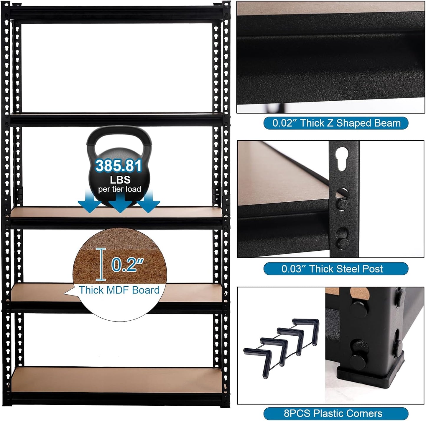 Garage Storage Shelves 35.43" W x 15.75" D x 72" H, 5 Tier Storage Rack Adjustable Black Metal Shelving for Warehouse, Pantry, Closet