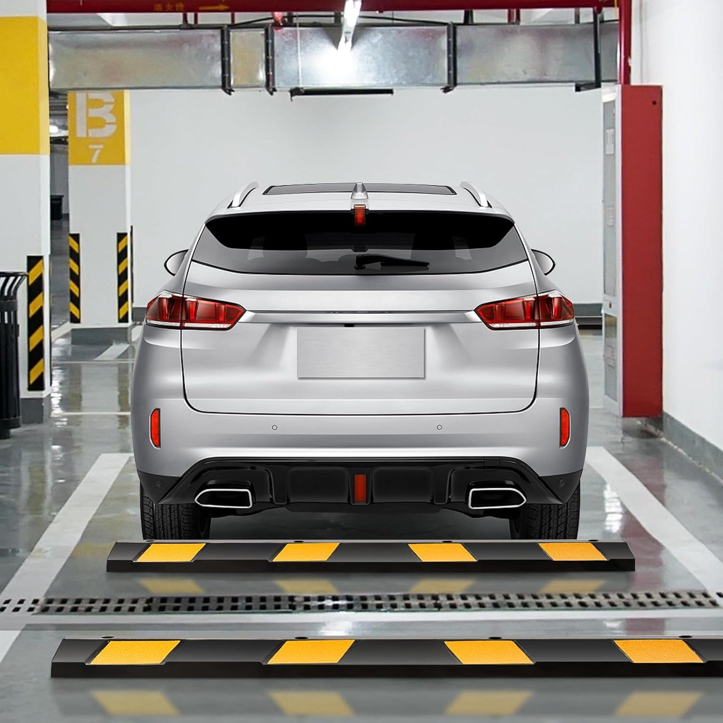 Rubber Parking Curb Garage Floor Stopper, 72" Heavy Duty Parking Lot Stopper with Yellow Reflective Stripes, Guide Wheel Stopper for Car, Truck, RV, Trailer, Driveway (2 Pack)