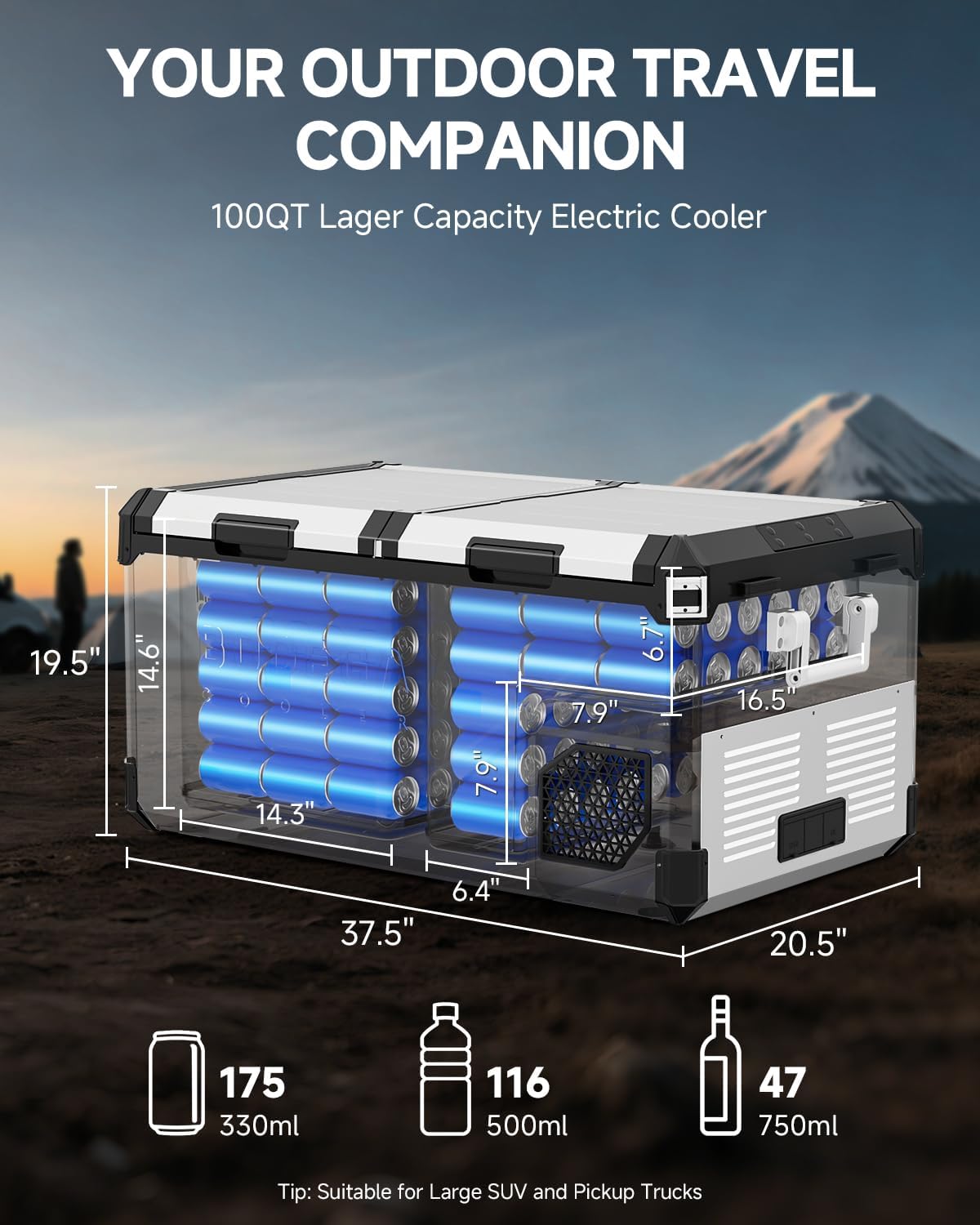 BODEGACOOLER 12 Volt Car Refrigerator, 100Quart (95L) Dual Zone Car Fridge APP Control, Portable Freezer, -4℉-68℉ RV Electric Cooler 12/24V DC &100-240V AC for Outdoor, Camping, Travel