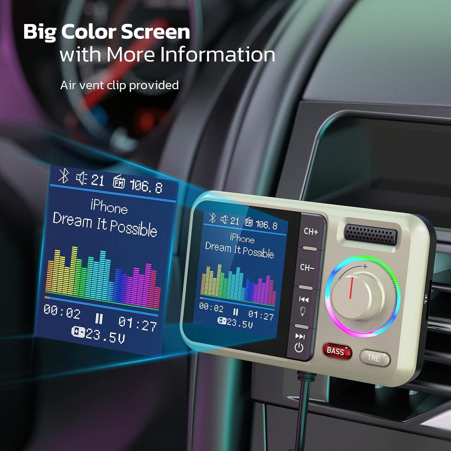 Nulaxy Bluetooth FM Transmitter for Car, Wireless Car Bluetooth Adapter with Big Color Screen, Support QC3.0 Fast Charging, Hands-Free Call, MP3 Music Player BASS&TRE Booster, TF Card AUX-KM28 Yellow