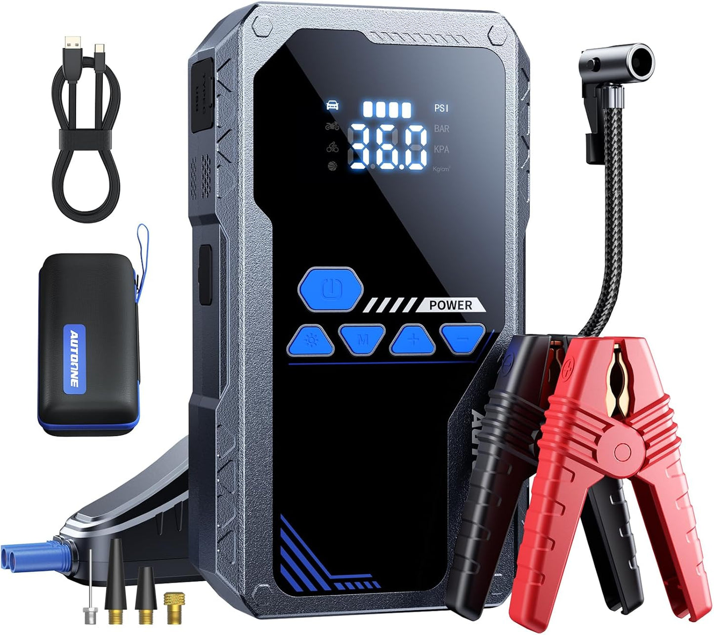 AUTOONE 8000A Jump Starter with Air Compressor (All Gas/12L Diesel), 150PSI Car Jumper Starter Portable, Jump Box Tire Inflator with LED Flashlight, LCD Display, Storage Case