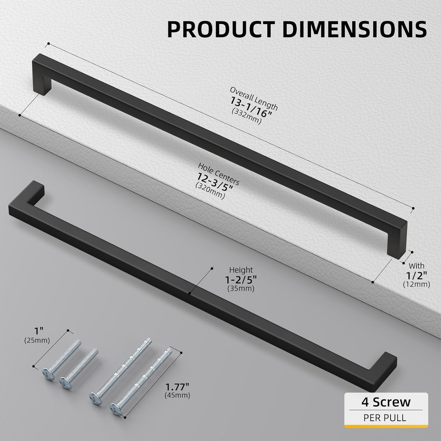 goldenwarm 150 Pack 12 3/5 Inch Black Cabinet Handles Matte Black Drawer Pulls Stainless Steel Cabinet Hardware Square Bar Modern Cabinet Handles for Kitchen Bathroom Cupboard
