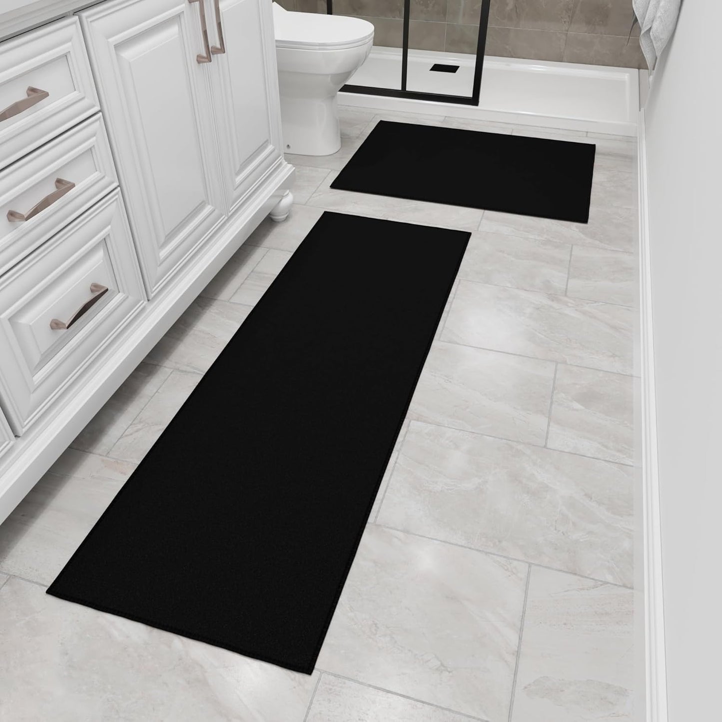 Ottomanson 2-Piece Kitchen Rug Set - Non Slip, Runner & Small Area Rug - Solid - 20" x 59" & 2'3" x 3' - Durable, Stain Resistant for Entryway, Bedroom and Bathroom, Black