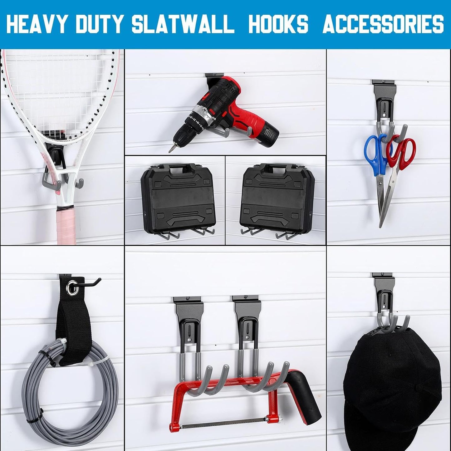 Landhoow 36 Pcs Slatwall Hooks & Hangers 32 Heavy Duty Slat Wall Hanging Hooks with 4 Storage Straps Assortment Slatwall Accessories for Storage Garage Wall Organization Garden Home (Grey)