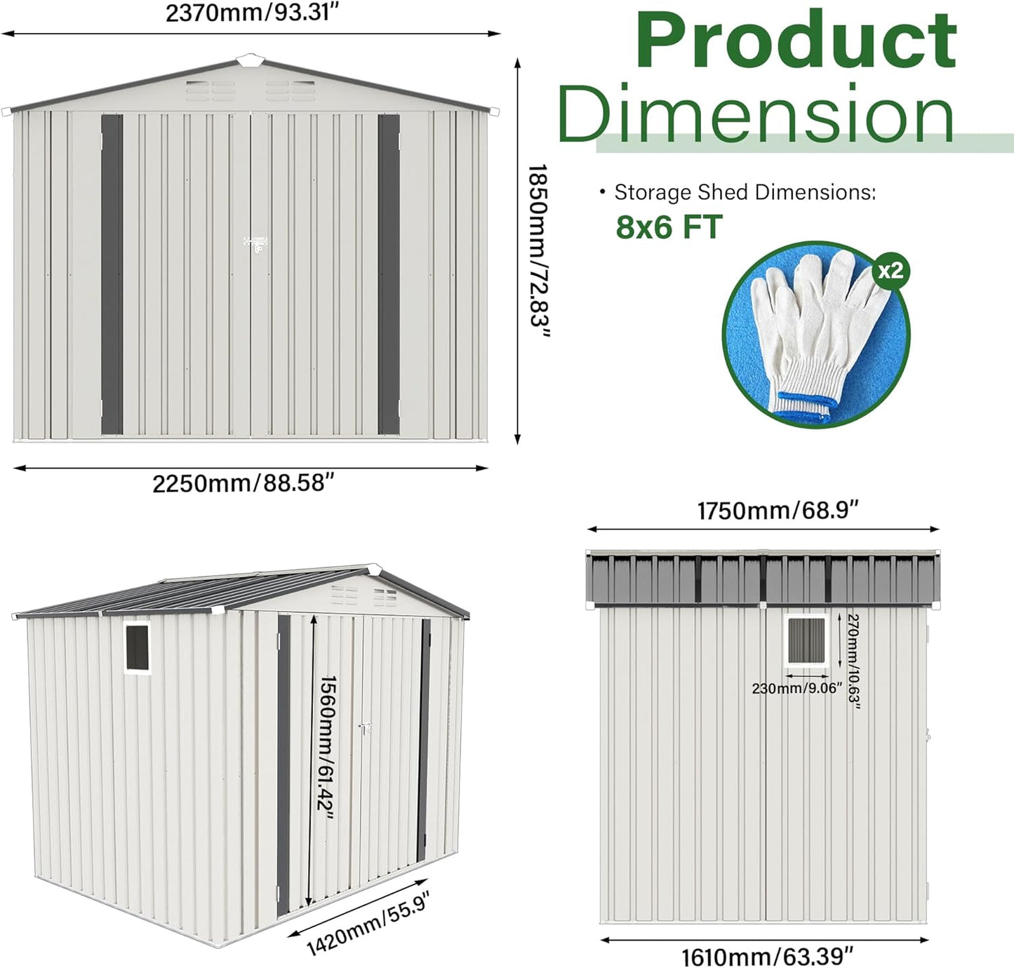 8X6 FT Outdoor Storage Shed with Window, Metal Garden Sheds w/Lockable Door and Vents, Waterproof Steel Tool House for Backyard, Patio, Lawn, Sundries & Utility Storage, White