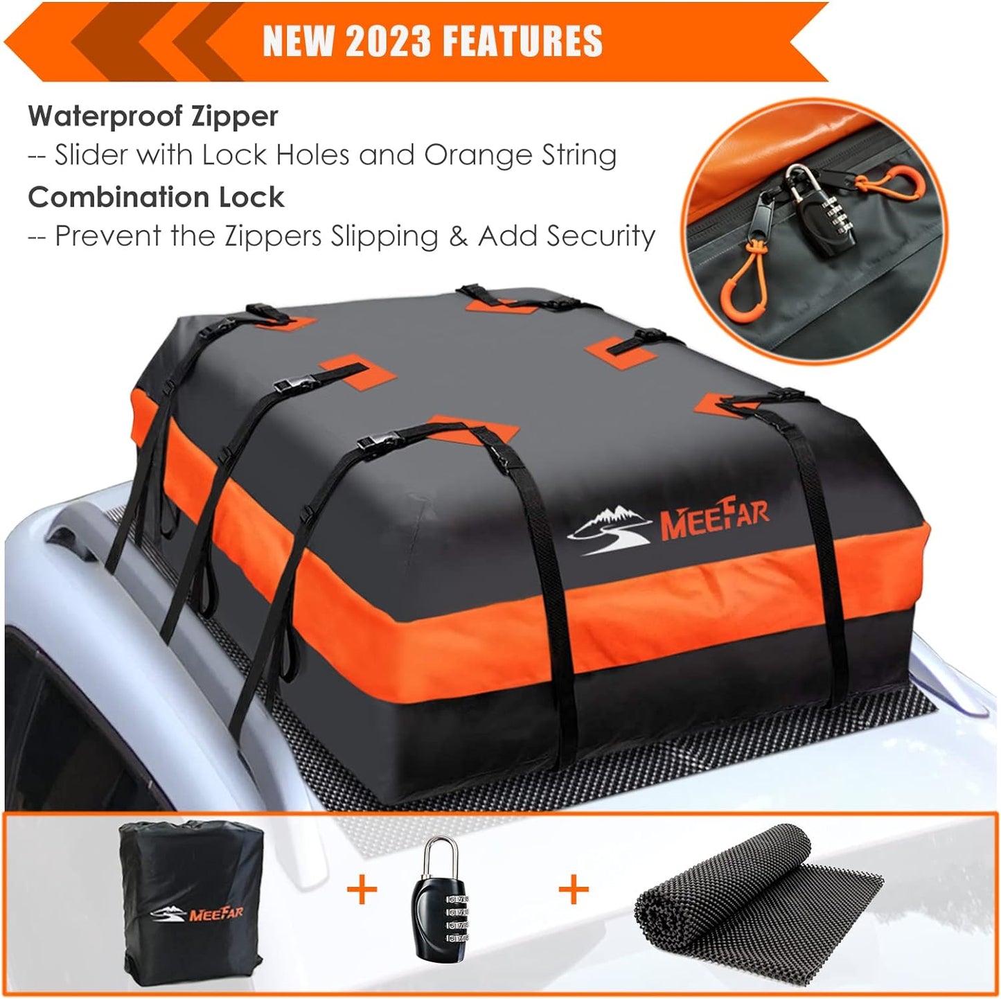 MeeFar Car Roof Bag XBEEK Rooftop top Cargo Carrier Bag 20 Cubic feet Waterproof for All Cars with/Without Rack, Includes Anti-Slip Mat, 10 Reinforced Straps, 6 Door Hooks, Luggage Lock