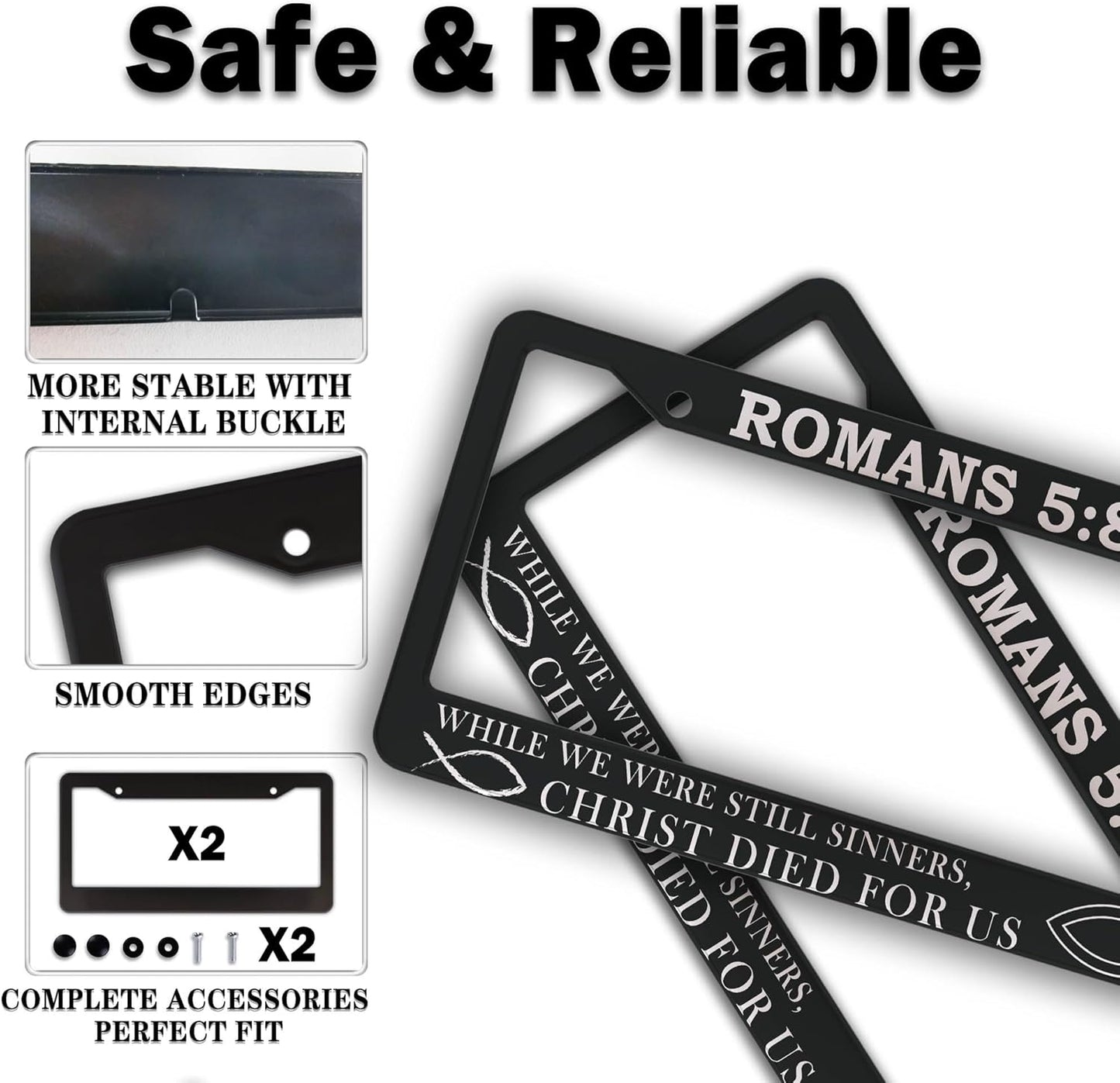 License Plate Frames Black and White License Plate Frame Jesus Bible Verses Romans 5:8 Aluminum Metal Car Accessory 2 Pack with Screw Covers Set