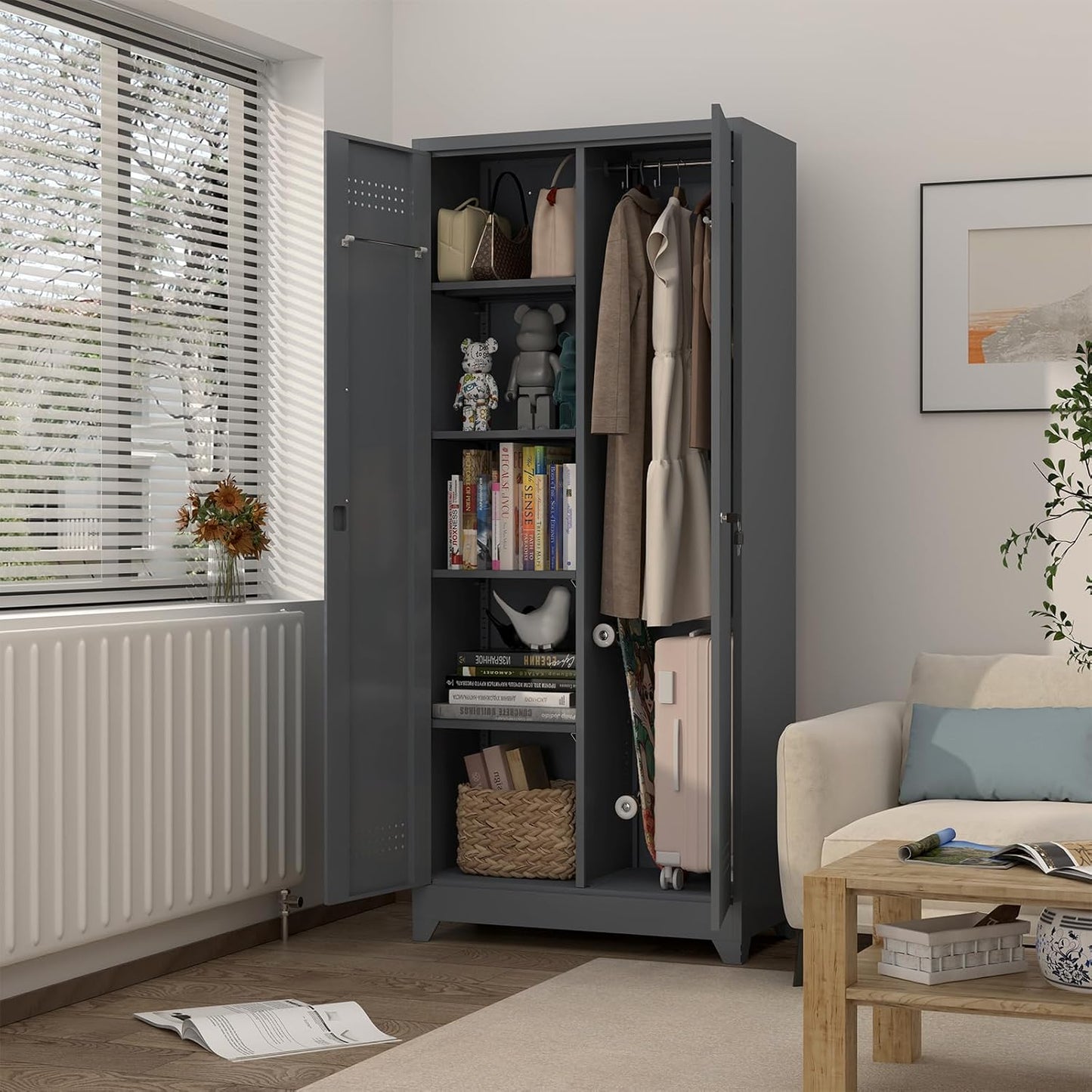 GREATMEET 72.8" H Metal Storage Cabinets with Doors and Shelves, Grey Broom Closet Storage Cabinet, Broom and Mop Utility Cabinet for Home,Kitchen,Garage