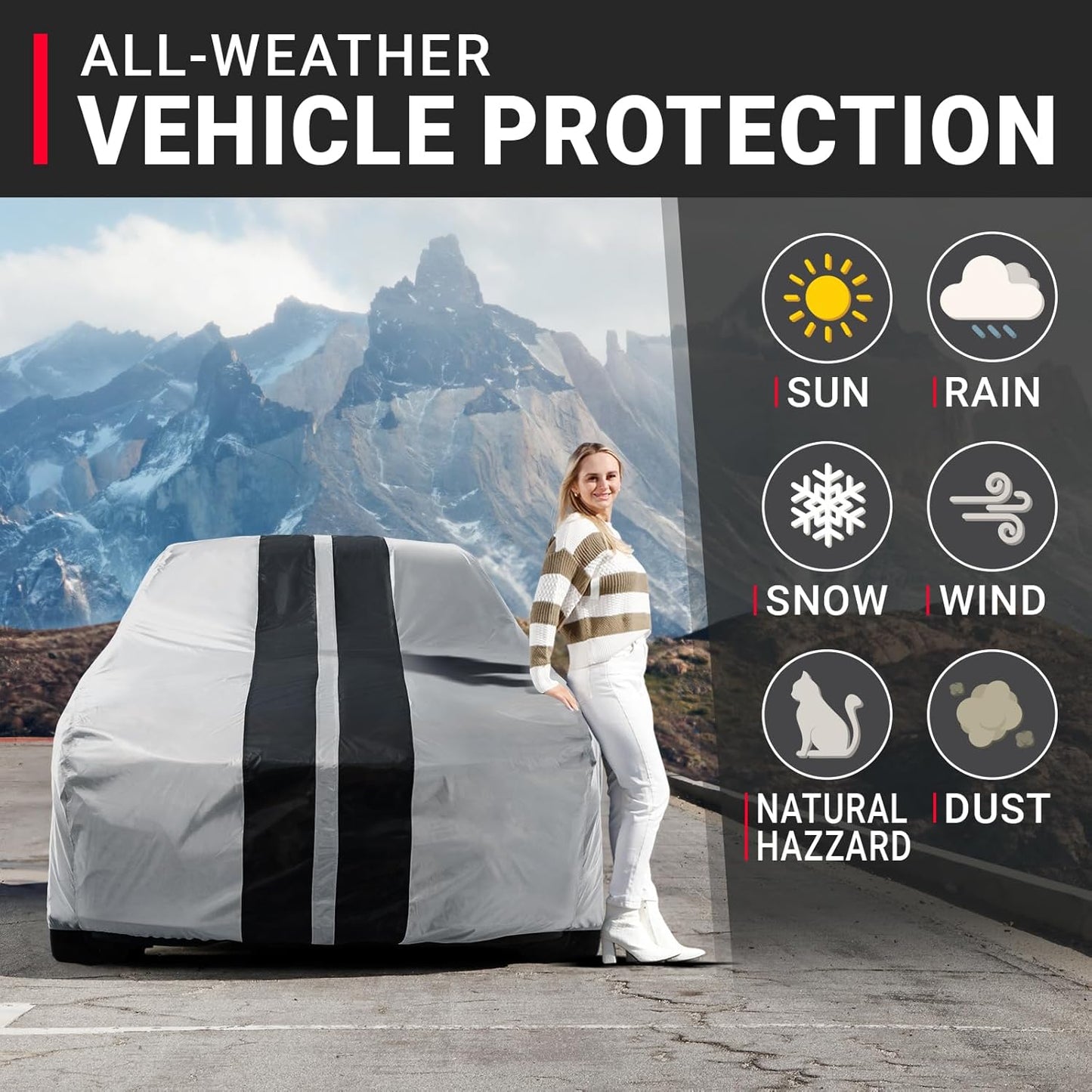 iCarCover Custom Car Cover for Pontiac Bonneville (1959-1970) Waterproof All-Weather Rain Snow UV Sun Protector Full Exterior Indoor Outdoor Car Cover (Stripe - Gray/Black)