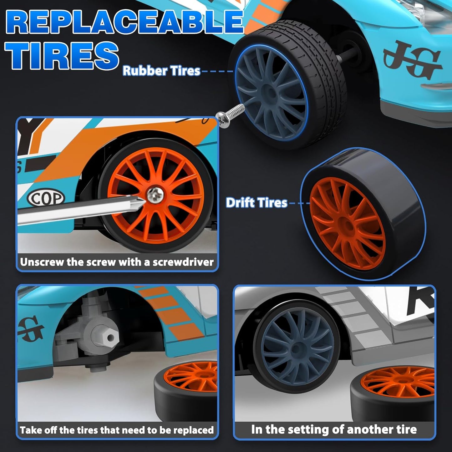 RC Drift Car 2.4GHz 1:24 Scale 4WD Remote Control Car 15KM/H High Speed Drifting RC Cars with Cool Lights, Two Batteries and Extra Tires Toys for Kids Boys Girls Adults, Blue