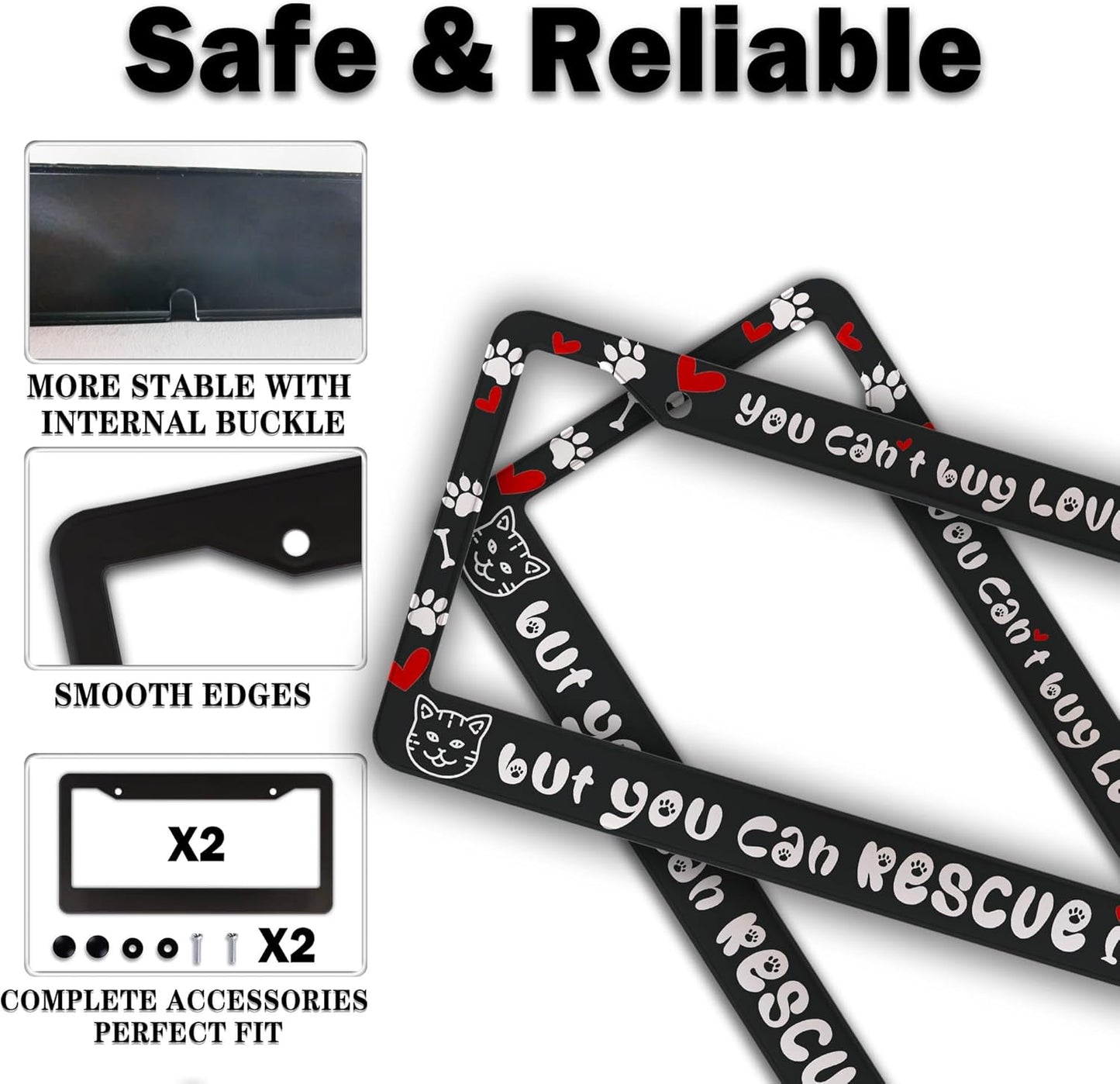 License Plate Frame Black and White Front License Plate Bracket You Can’t Buy Love, but You Can Rescue It Aluminum Metal Car Accessory 2 Pack with Screw Covers Set