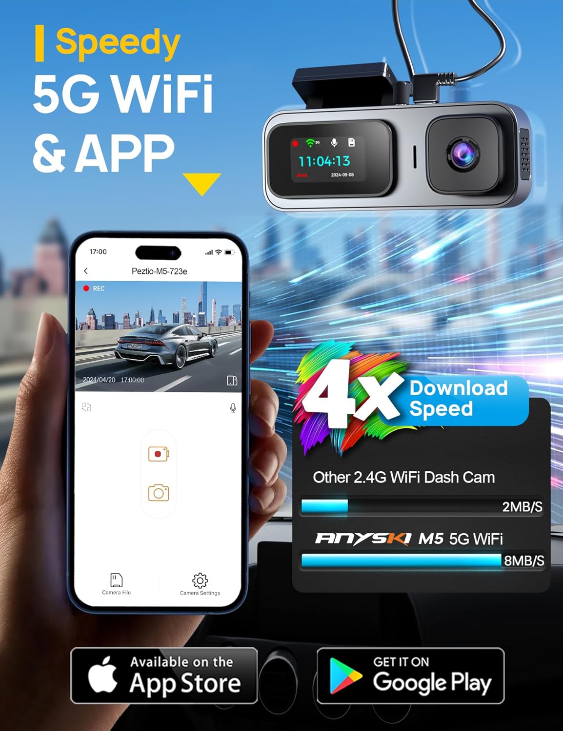 3 Channel 4K Dash Cam Front and Rear Inside, Built-in 5G WiFi, 4K+1080P+1080P Dash Camera for Cars with 64GB Card, Dashcam with Loop Recording, G-Sensor, 24H Parking Monitor, Silver