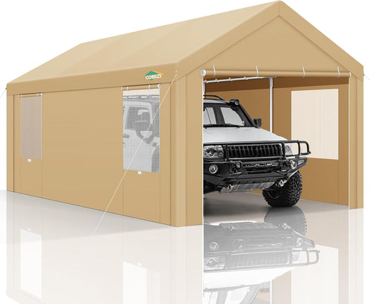 COBIZI Carports 10x20 Heavy Duty Car Canopy Garage with Removable Sidewalls & Doors, Galvanized Frame Portable Carport Canopy with Built-in Sandbags & All-Season Tarp for Car Boat Truck, Khaki