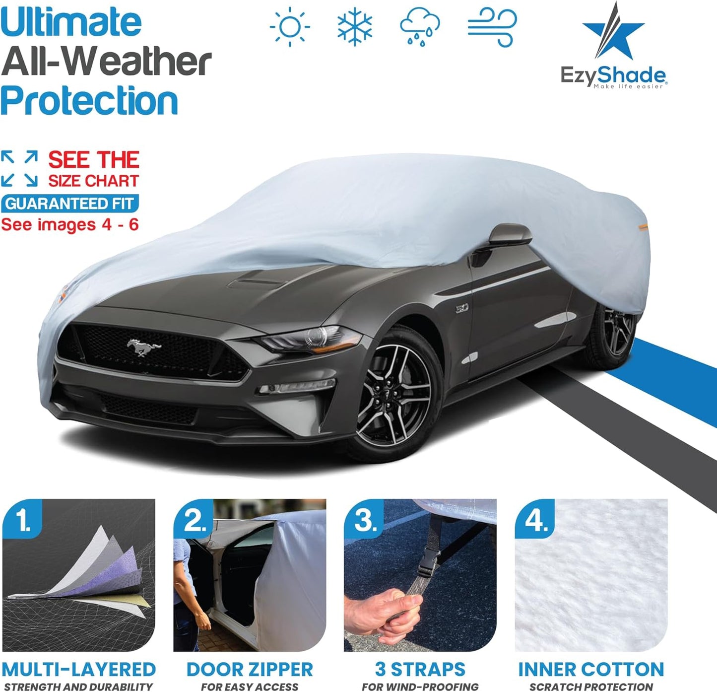 EzyShade 10-Layer Waterproof Sports Car Cover. See Vehicle Size-Chart for Accurate Fit. All Weather Full Outdoor Covers. Miata Porsche SLK Z3 Z4 Classic Cars. Sun Snow Rain. Size C1 (See SizeChart)