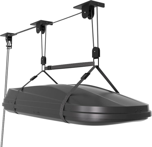 Cargo Box Pulley System for Garage Storage, Heavy-Duty Kayak/Canoes/Bikes/Ladders Ceiling Hoist, Hold Up to 150 lbs Capacity, Fit 10-18 Foot Ceilings, Black