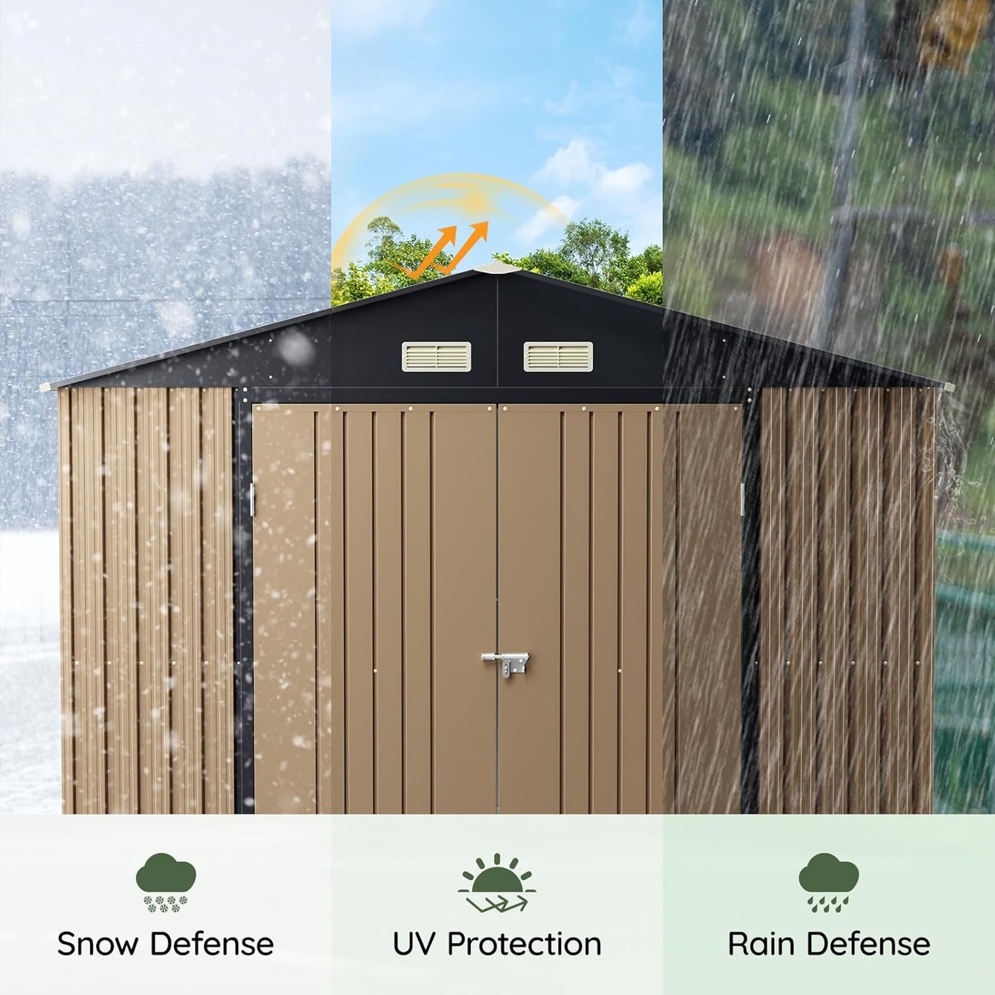 10x12 FT Outdoor Metal Storage Shed, Double Swing Doors, 2 Clear Windows, Replaceable Skylight Roof Panel, Tool Shed for Garden, Patio, Backyard Brown