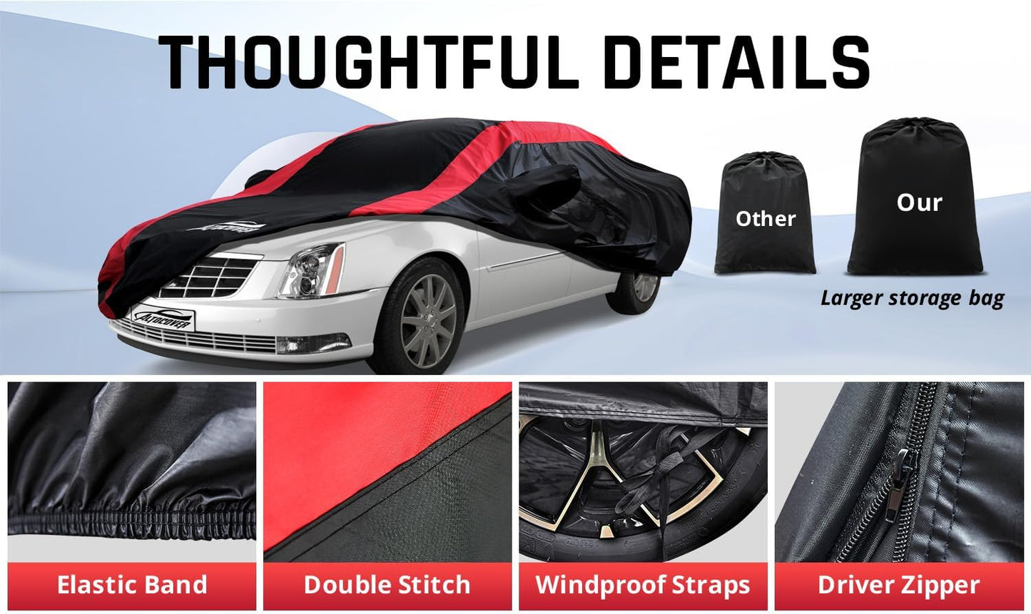 Car Cover Waterproof All Weather with Red Strip Design, Custom Fit for DTS(2006–2011), XTS(2013-2019), CT6(2016-2020), DTS Accessory with Door Zipper & Windproof Straps