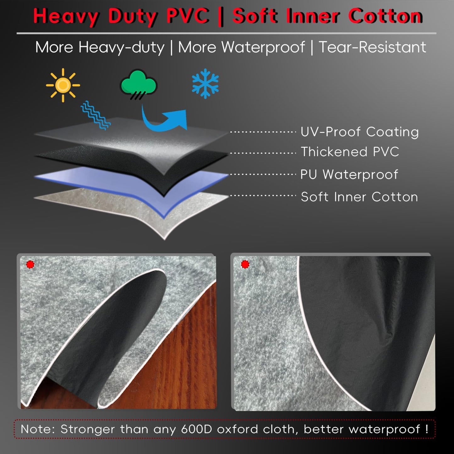 Motorcycle Cover | Heavy Duty PVC | Soft Inner Cotton | Waterproof Outdoor | All Season Universal | 4 Reflective Strips | 3 Windproof Straps | 1 Lock Hole | 1 Storage Bag | (Black, XL, 97")