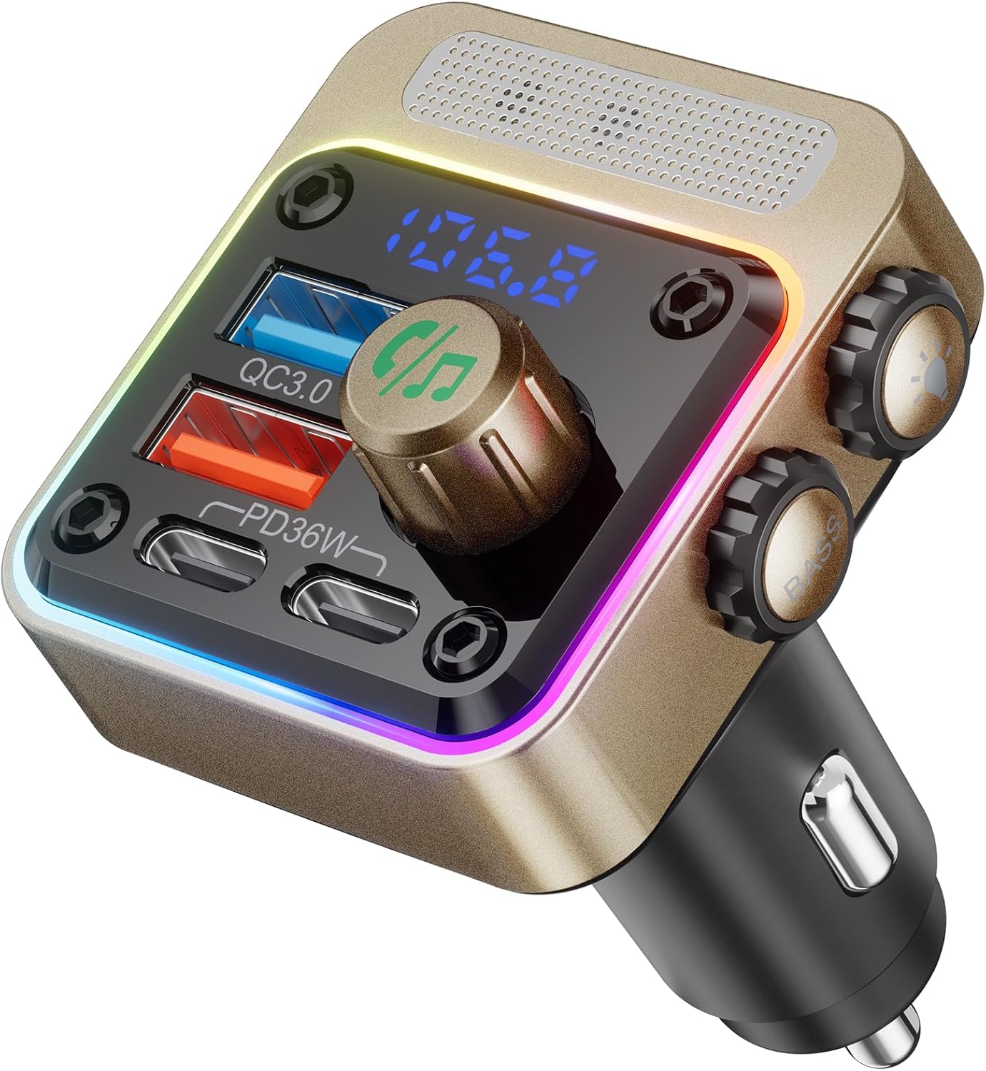 Nulaxy 54W Bluetooth 5.3 Car Adapter with 4 Charging Ports [PD 36W & QC3.0 18W], Wireless Radio FM Transmitter with Deep Bass Player & 5 Colors LED Backlit, Hands-Free Calling - Gold