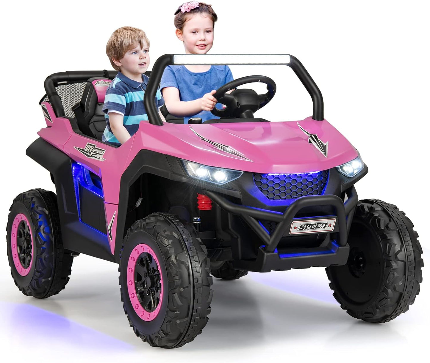 Costzon 2-Seater Ride on Car for Kids, 12V Kid' Electric Vehicles w/Remote Control, 4 Shock Absorbers, Wireless Music & FM, 3 Speeds, Ambiance Lights, Electric UTV, Kids Car for Boys Girls (Pink)