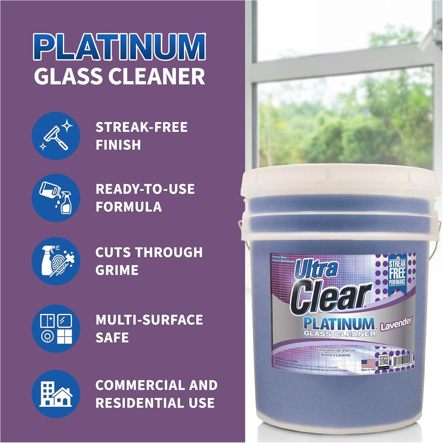 Ultra Clear Platinum Glass Cleaner, Crystal Clear Streak-Free Shine Polished Finish, for Commercial and Residential Use Lavender Fresh, 5 Gallons