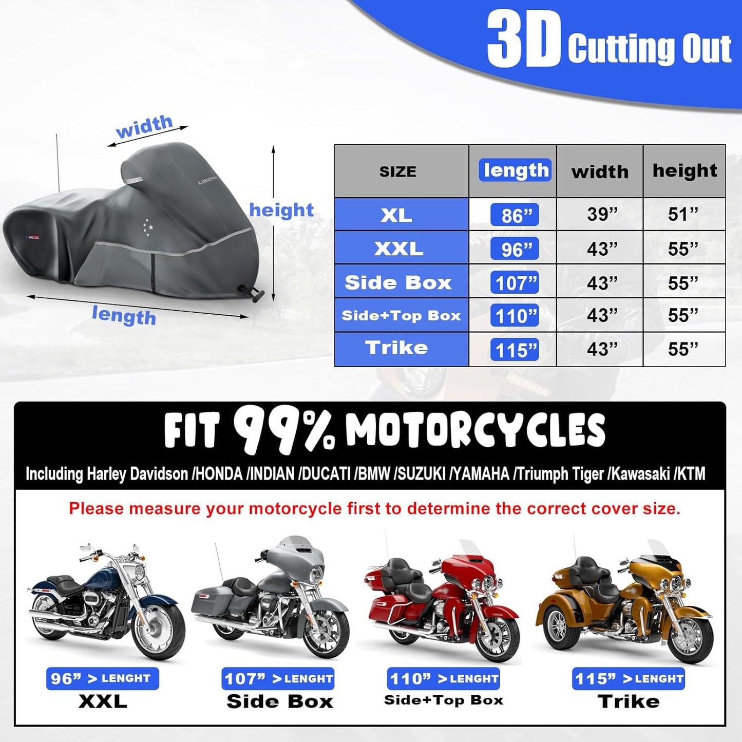 Motorcycle Cover LI LIBZAKI 600D Heavy Duty Storage All Season Universal Weather Waterproof Outdoor Protection 96" XXL Vehicle Cover/Gray