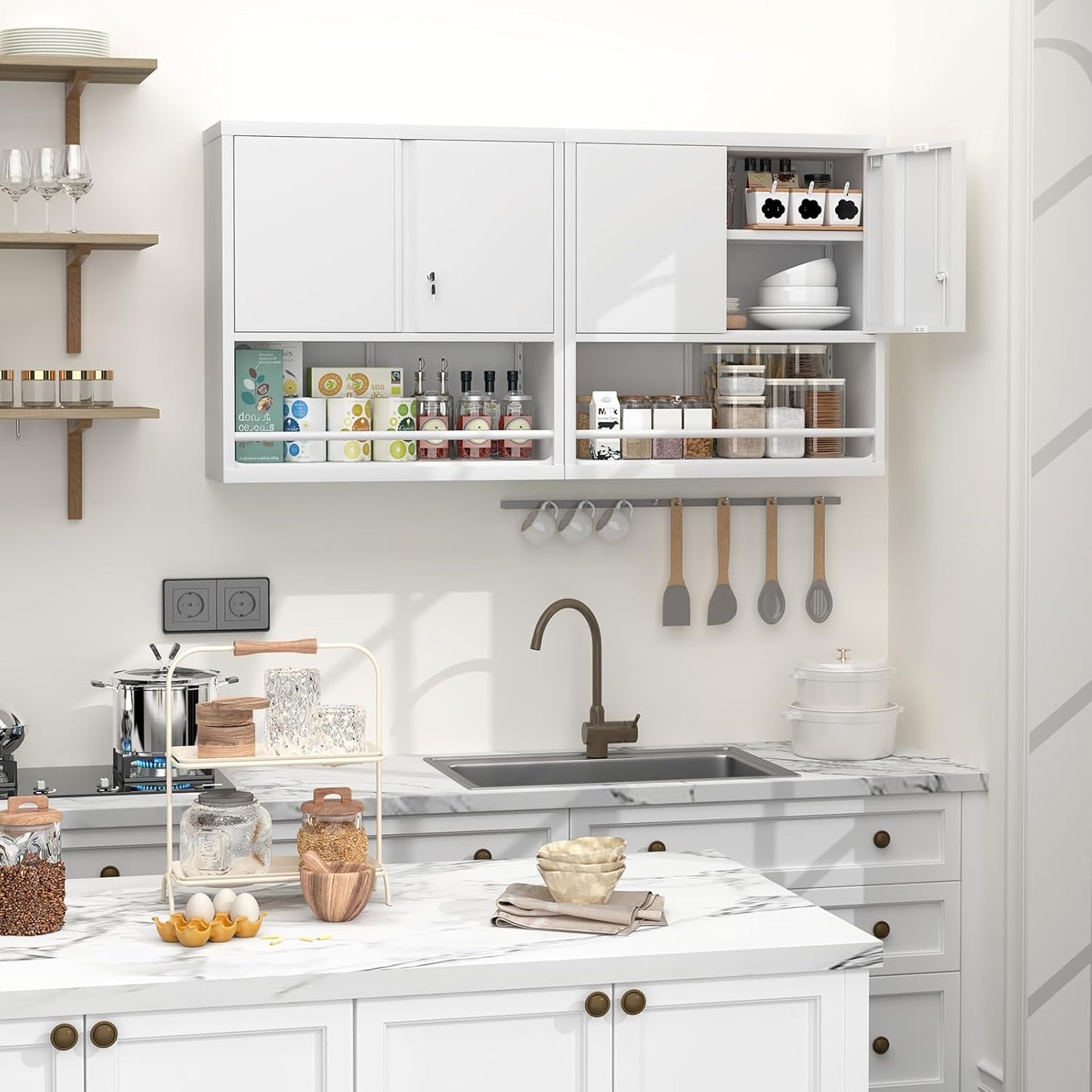 GREATMEET Locking Metal Garage Storage Cabinet with Doors and Shelves, 31" H Lockable Wall Cabinet Storage, White Steel Wall Mount Cabinet for Office