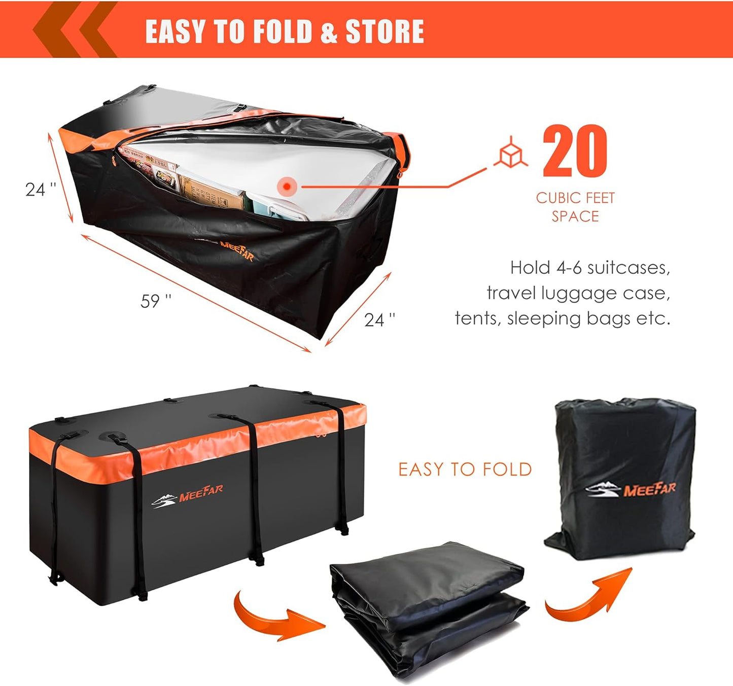 MeeFar Hitch Mount Cargo Carrier Bag Soft Shell 100% Waterproof 20 Cubic Feet (59" 24" 24") Include 8 Reinforced Straps for Truck Pickup All Vehicle with Steel Cargo Basket