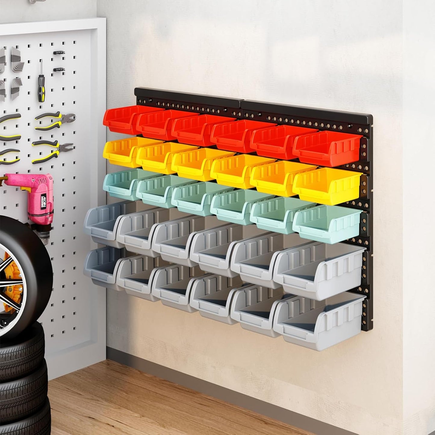 Wall Mounted Storage Bins Parts Rack 4 Colors Bin Organizer Garage Plastic Shop Tool, Garage Organizers and Storage (Style-Serene) 25.2"*16.2"