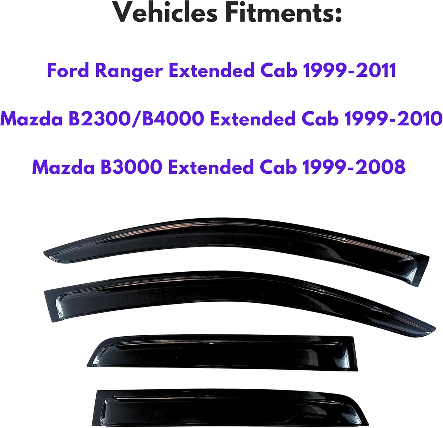 KPY Window Visor Compatible with Ford Ranger 1999-2011 & Mazda B2300/B4000 1999-2010 & Mazda B3000 1999-2008, Rain Guard Vent Deflectors Tape-On, 2002 2003 2004 2005 2006 2007 2009 (Extended Cab)