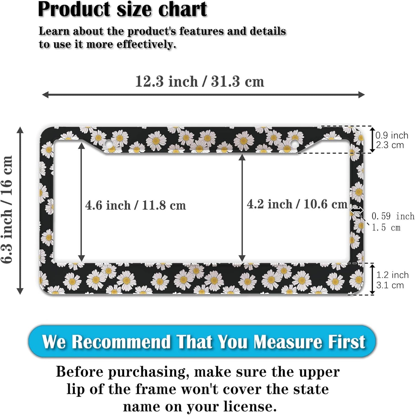 License Plate Protector Black and White License Plate Frames White Daisy Black Decorative Universal Aluminum Car Accessory 2 Pack with Screw Covers Set
