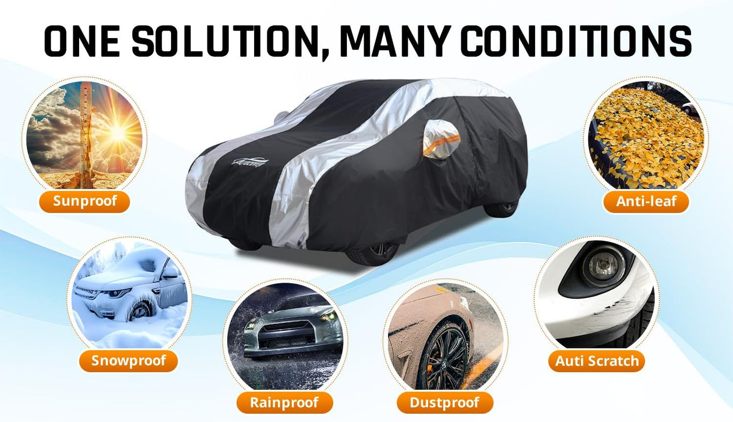 Small Car Cover All Weather Protection with Silver Stripe Design,Hatchback Car Cover Universal Fit Nissan Leaf, Honda Civic Hatchback, Mazda 3 Hatchback, VW Golf, Toyota Corolla Hatchback