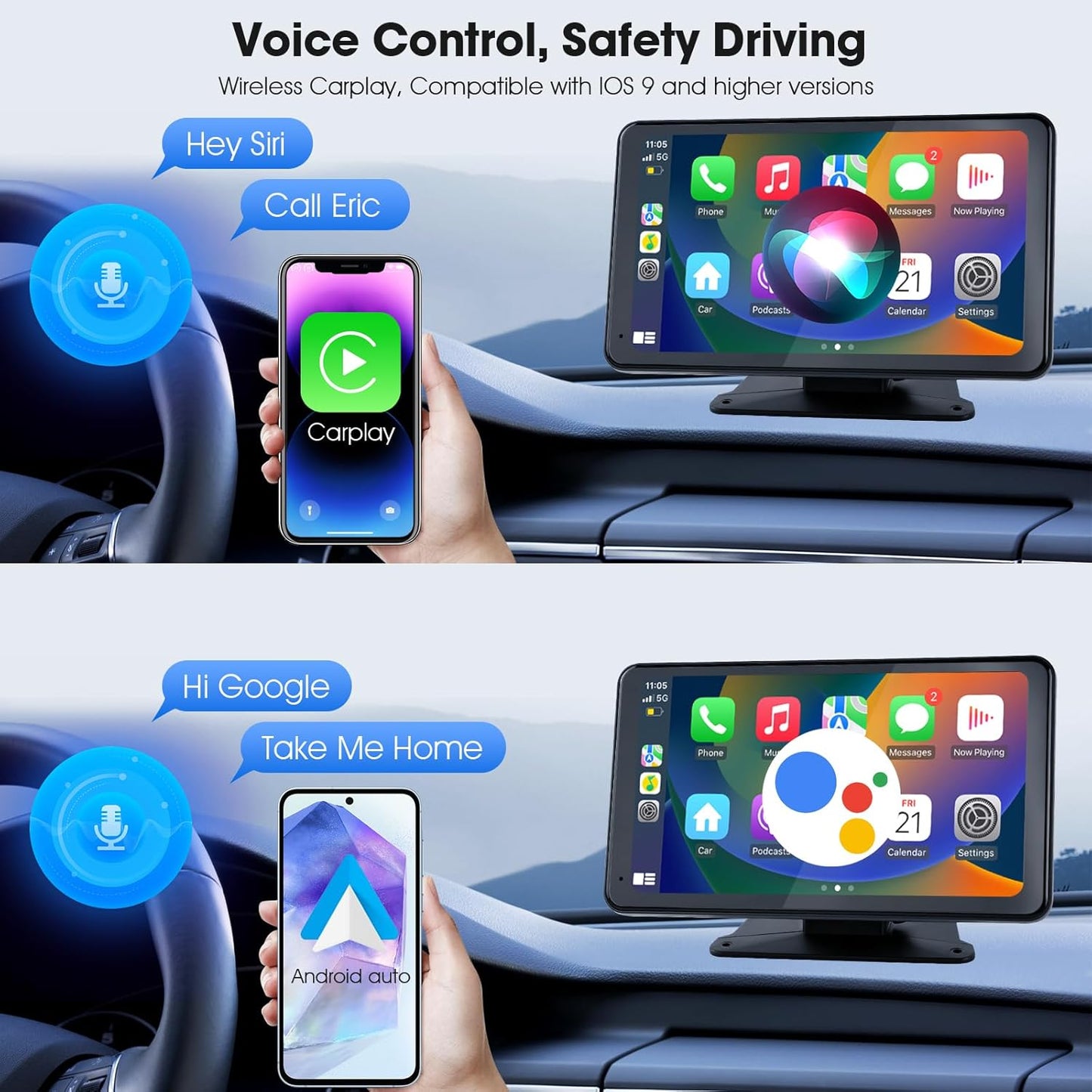 7" Portable Wireless CarPlay & Android Auto Car Stereo with Backup Camera, 7" HD Touch Screen, GPS, Voice Control, Plug & Play for Older Cars - Universal Fit