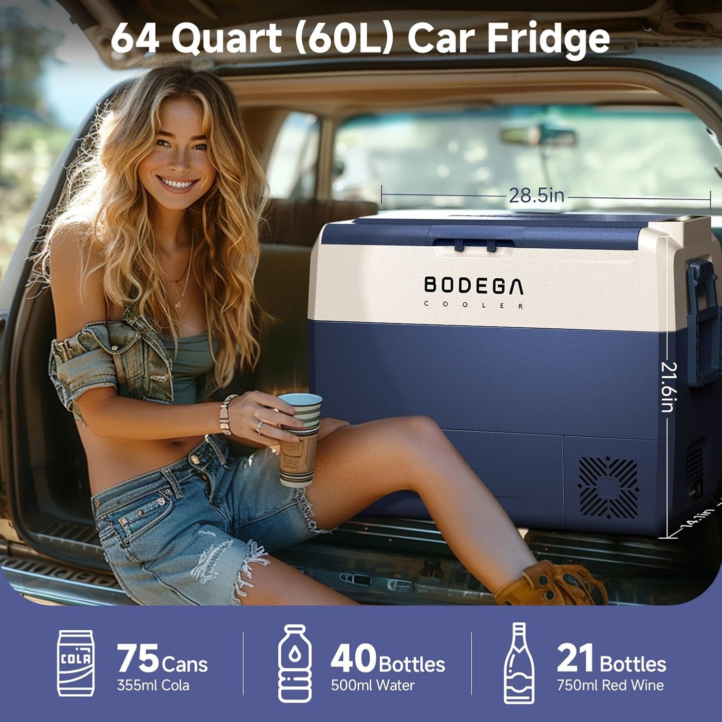 BODEGACOOLER 12 Volt Car Refrigerator,64 Quart Portable Car Freezer Fridge Bluetooth Control,(60L) -4℉-68℉ Electric Cooler 12/24V DC and 100-240V AC for Travel,Camping,RV,Boat Road Trip Tailgating
