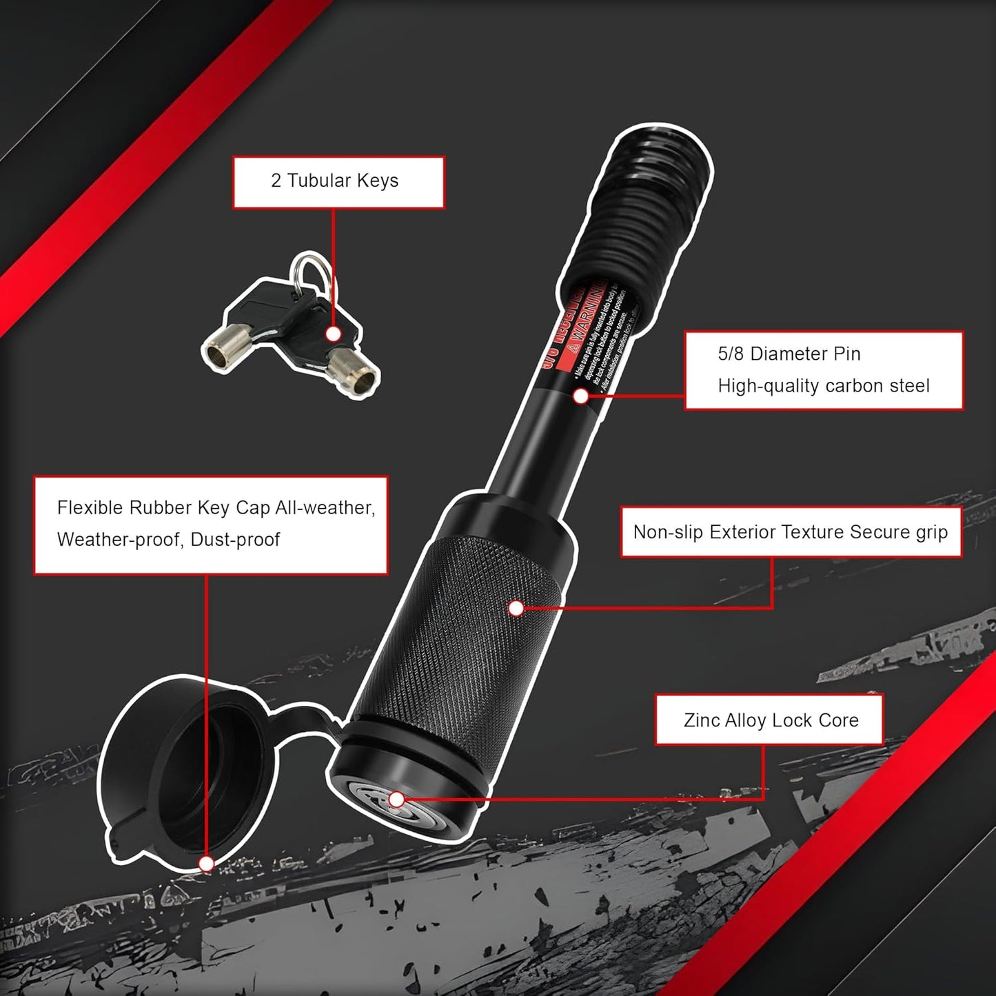 TYT Trailer Hitch Lock – 5/8" Dia, 3-1/2" Long Pin, Fits Class III/IV/V Hitches, 4 Keys, 16 O-Rings, Keyed Alike, Ideal for Tow Trucks, Bikes, Cars & Boats（2 Pack）